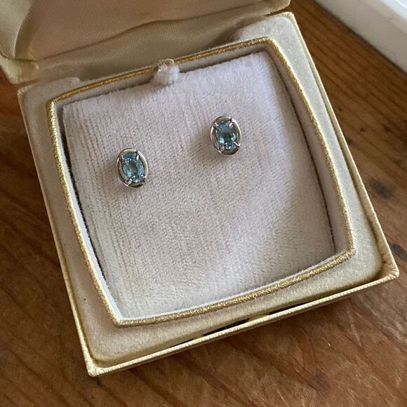 💛 14k White Gold Oval Aquamarine Earrings - Picture 3 of 10